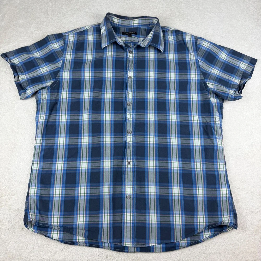 Banana Republic Mens XL‎ Blue Green Plaid Short Sleeve Button Down Shirt